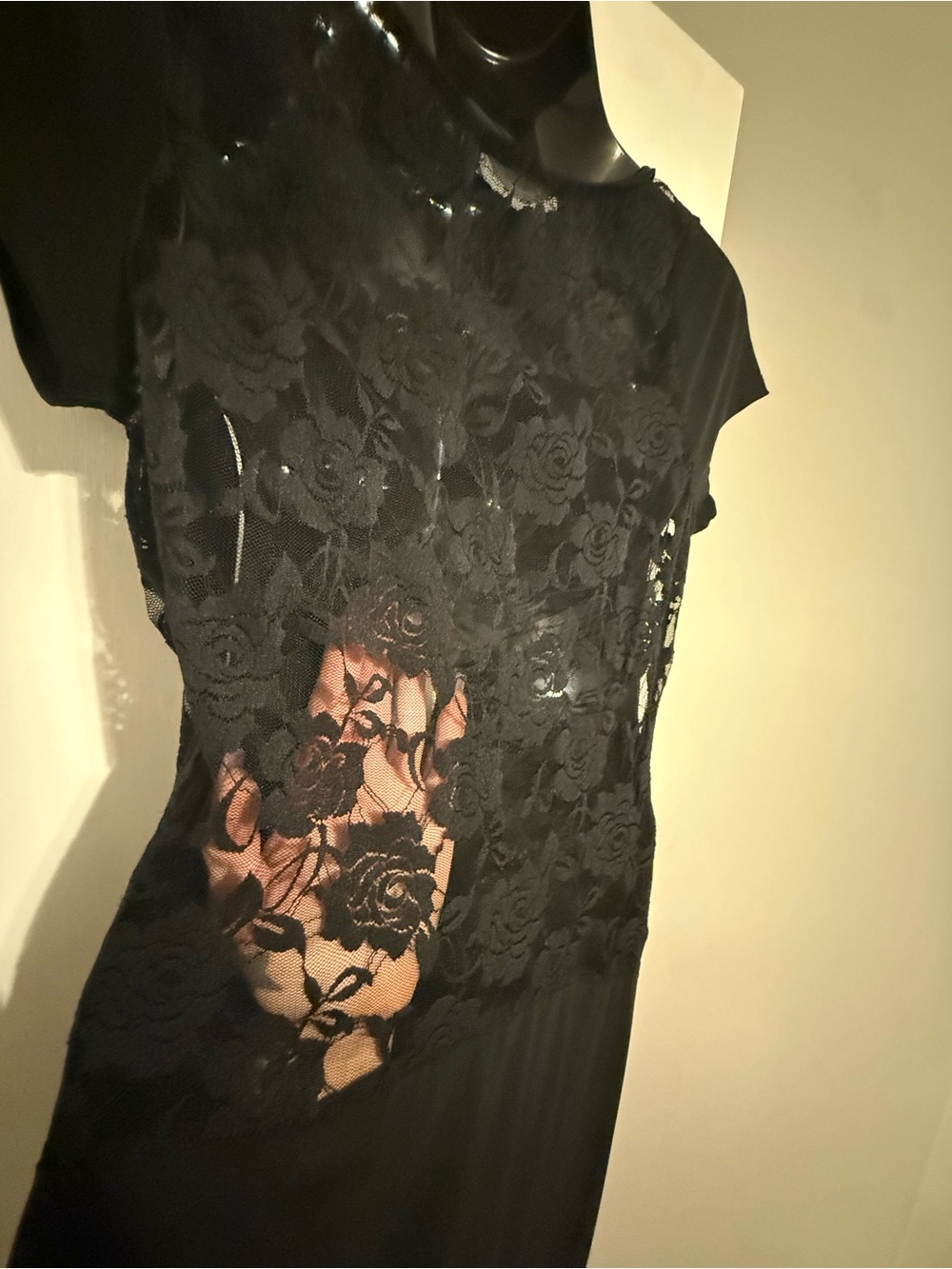 Symphony Black Sheer Floral Lace Back Hourglass Side Slit Maxi Dress Sz L Large
